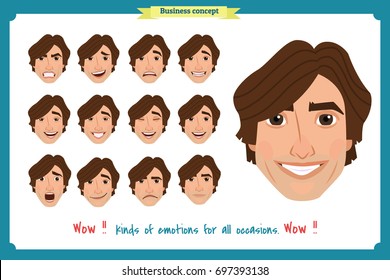 Set of male facial emotions. young man emoji character with different expressions. Vector illustration in cartoon style.People's faces, man, boy, person, user.Male characters.businessman.Joy, laughter