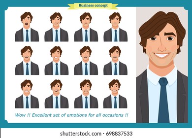 Set of male facial emotions. Young business man character with different expressions.Vector flat illustration in cartoon style.Peoples faces, men, person. Male characters.businessman. For animation.