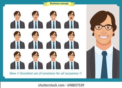 Set of male facial emotions. Young business man character with different expressions.Vector flat illustration in cartoon style.Peoples faces, men, person. Male characters.businessman. For animation