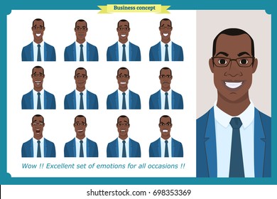 Set Of Male Facial Emotions.Black American Business Man Character With Different Expressions.Vector Illustration In Cartoon Style.Peoples Faces, Men, Person. Male Characters. For Animation