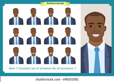 Set of male facial emotions.Black American business man character with different expressions.Vector illustration in cartoon style.Peoples faces, men, person. Male characters. For animation