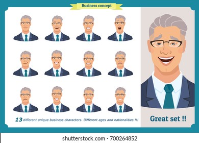 Set of male facial emotions.Face expressions of a man.Flat cartoon character. Businessman in a suit and tie. Face, elements for design work.Isolated vector on white.Set of cute avatars. Icon set