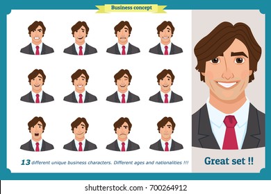 Set of male facial emotions.Face expressions of a man.Flat cartoon character. Businessman in a suit and tie. Face, elements for design work.Isolated vector on white.Set of cute avatars. Icon set