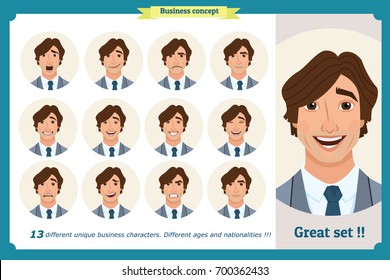 Set of male facial emotions.Face expressions of a man. Flat cartoon character. Businessman in a suit and tie. Young smiling business people in round icons. Isolated vector on white.Set of avatars