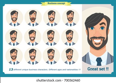 Set of male facial emotions.Face expressions of a man. Flat cartoon character. Businessman in a suit and tie. Young smiling business people in round icons. Isolated vector on white.Set of avatars