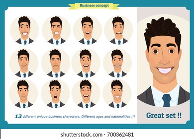 Set of male facial emotions.Face expressions of a man. Flat cartoon character. Businessman in a suit and tie. Young smiling business people in round icons. Isolated vector on white.Set of avatars