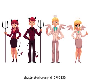 Set of male, female angels and devils in business suits, cartoon vector illustration on white background. Full length portrait of male, female devils with horns and tails, angels with wings and halo