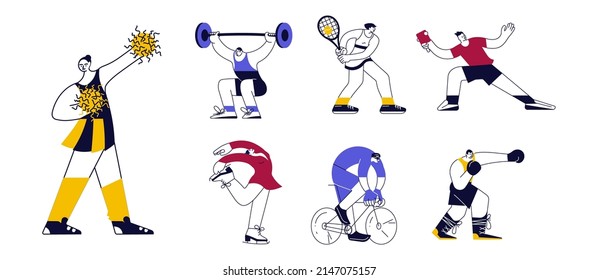 Set of male and female athletes. Team and Individual Sports characters isolated on white in modern minimal design. Flat Art Vector Illustration.