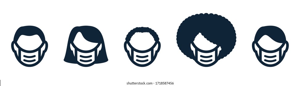 Set Of Male, Female Avatar Faces, Heads With Protective Medical Mask. White, Black People. Line Icon. Protective Mask From Coronavirus, Covid 19. Male, Female Avatar Faces With Surgical Masks. Vector