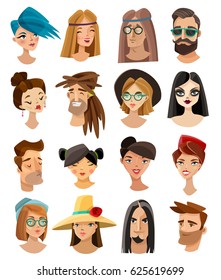 Set of male and female avatars in cartoon style including hippie punk hipster goth isolated vector illustration