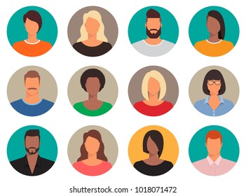 Set of male and female avatars in a circle. Vector icons flat design.