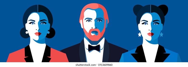 Set of male and female avatars, full face portraits. Two young beautiful women and handsome bearded man in tuxedo and bow tie. Vector illustration