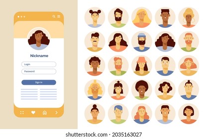 Set of male and female avatars. Icons for mobile app and social network. people with different hairstyles, skin colors and ethnicities. Vector flat illustration, flat design. Isolated on white 