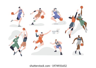 Set of male and female basketball players playing with ball, throwing it into net, dribbling and dunking. Young agile athletes. Colored flat graphic vector illustration isolated on white background.