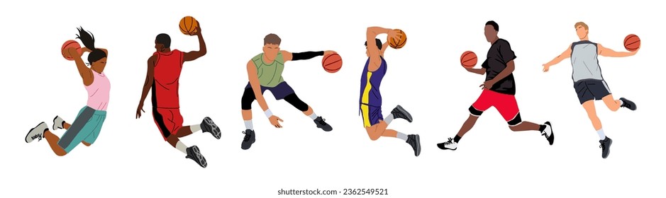 Set of male and female basketball players playing with ball, lead ball, defend and attack, game techniques and poses. People playing sport game. Vector illustration isolated on white background.