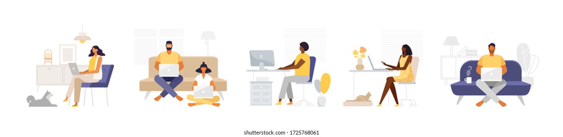 Set of male and female business characters. Freelance people work and study in comfortable conditions. Man and woman self-employed concept.  Vector illustrations in flat design, white isolated 