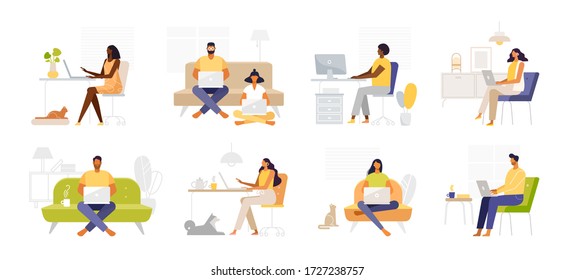 Set of male and female business characters. Freelance people work at home and a comfortable office. Man and woman self-employed concept. Vector illustrations in flat design, white background isolated