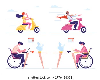 Set of Male and Female Business Characters Riding Scooter. Man in Super Hero Cloak Driving Moped. Handicapped People Working in Office. Disabled Employment, Leadership. Cartoon Vector Illustration