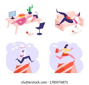 Set of Male and Female Business Characters Procrastination, Working Burnout and Race with Obstacles. People Sleeping at Workplace, Colleagues Run and Jumping over Barriers. Cartoon Vector Illustration