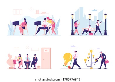 Set of Male and Female Business Characters Communicate in Office, Walking on City Street, Hiring Job and Searching Creative Ideas. People Working Activity, HR Interview. Cartoon Vector Illustration