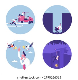 Set Male Female Business Characters Race, Man Sitting in Deep Abyss. Businessman Climbing on Top of Cliff with Dollar Sign. Insight, Creative Idea, Muse Aspiration. Cartoon People Vector Illustration