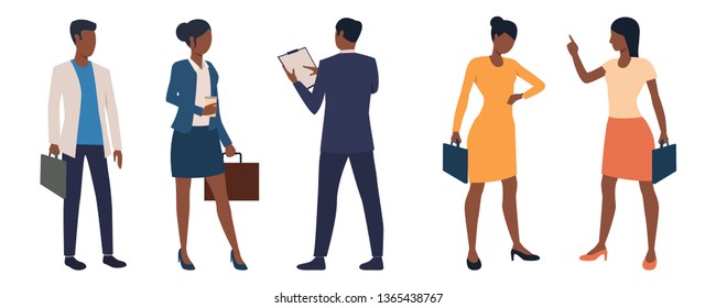 Set of male and female business executives with briefcases. Cartoon characters dressed in smart clothing. Vector illustration can be used for presentation, promo video, commercial