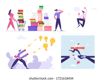 Set of Male and Female Business People Overload with Paper Work, Rejoice for Success, Attracting Ideas. Characters Achieve Goals, Careerism Isolated on White Background. Cartoon Vector Illustration