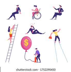 Set of Male and Female Business People Climbing on Ladder, Inflate Balloon with Dollar Sign, Walking on Stilts. Disabled Handicapped Characters Employment, Office Work. Cartoon Vector Illustration