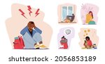 Set of Male and Female Character in Stress and Depression. Depressed People with Bewildered Thoughts in Mind Feel Unhappy Emotions, Mental Disease, Life or Work Problems. Cartoon Vector Illustration