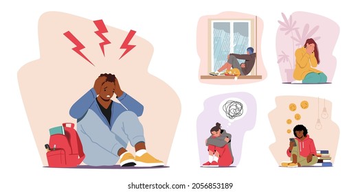 Set of Male and Female Character in Stress and Depression. Depressed People with Bewildered Thoughts in Mind Feel Unhappy Emotions, Mental Disease, Life or Work Problems. Cartoon Vector Illustration