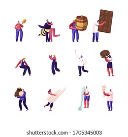 Set of Male and Female Characters Beekeepers Extracting Honey, People with Chocolate and Sweets, Cooking Pastry, Collecting Cotton Isolated on White Background. Cartoon Vector Illustration, Clip Art