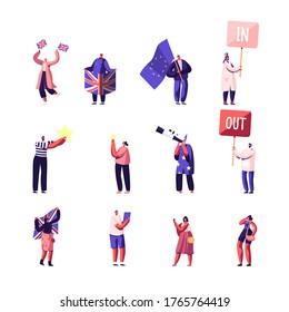 Set of Male and Female Characters Brexit and Anti Brexit Supporters in Demonstration. People Looking on Stars in Telescope, Astrologer in Hat and Costume, Politics Picket. Cartoon Vector Illustration