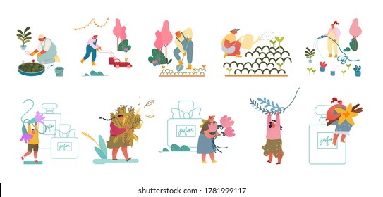 Set of Male and Female Characters Care of Plants in Garden and Producing Perfume. People Gardening, Digging Soil, Watering and Mowing Lawns. Perfumers Create Scent. Cartoon Vector Illustration