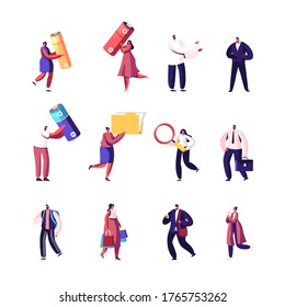 Set of Male and Female Characters Carry Huge Batteries, Office Folder with Documents and Magnifying Glass, Businessman with Briefcase, Woman with Shopping Bags. Cartoon People Vector Illustration