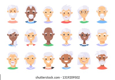 Set of male and female characters. Cartoon style elderly people icons 
