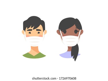 Set of male and female characters. Cartoon style masked people icons. Isolated guys avatars. Flat illustration protected men and women faces. Hand drawn vector drawing safe girls and boys portraits