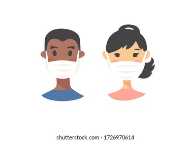 Set of male and female characters. Cartoon style masked people icons. Isolated guys avatars. Flat illustration protected men and women faces. Hand drawn vector drawing safe girls and boys portraits