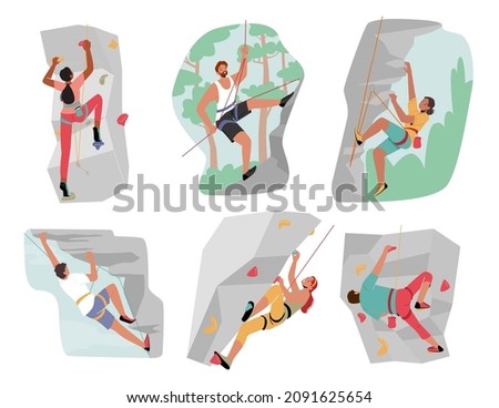 Set Male and Female Characters Climbing Mountain and Wall with Grips. Climbers Mountaineering Extreme Sport Activity, Mountaineers Isolated on White Background. Cartoon People Vector Illustration