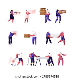 Establecer caracteres masculinos y femeninos para recolectar basureros y chatarra para reciclaje. Gente con cajas de cartón usadas y hojas usadas, los hombres llevan viejos técnicos para volcar, soldar. Ilustración del vector de dibujos animados