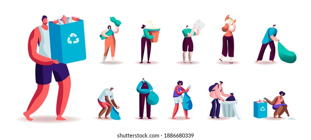 Set of Male and Female Characters Collecting Trash for Recycling. Men and Women Volunteers Clean Up Wastes into Bags for Ecology Protection Isolated on White Background. Cartoon People Illustration