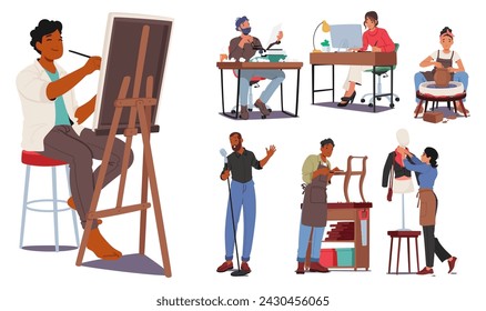 Set of Male and Female Characters with Creative Professions. Artist, Author, Illustrator and Potter. Sculptor, Singer, Carpenter and Tailor or Apparel designer. Cartoon People Vector Illustration