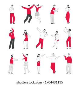 Set of Male and Female Characters in Different Postures Jumping and Rejoice with Hands Up, Singing with Microphone, Dancing and Have Fun Isolated on White Background. Linear People Vector Illustration