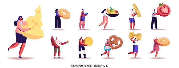 Set of Male and Female Characters with Different Food and Snacks. Men and Women Eat Cheese, Sausage, Fruits, Vegetable and Pasta or Bakery Isolated on White Background. Cartoon People Illustration svg