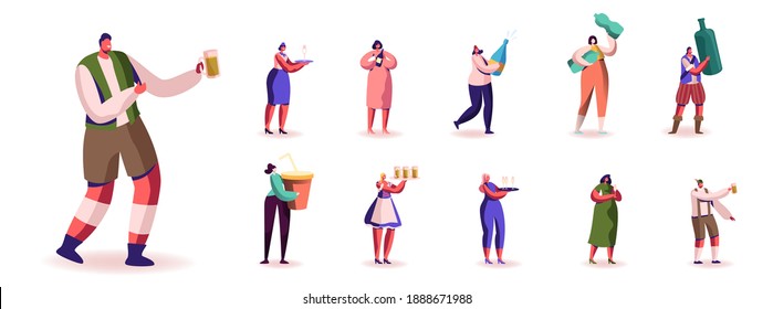 Set of Male and Female Characters with Different Type of Drinks and Beverages. Men and Women Drinking Soda, Beer, Water and Wine, Refreshment Isolated on White Background. Cartoon People Illustration