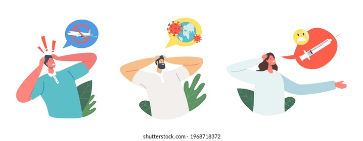 Set of Male and Female Characters with Different Types of Fear. People with Phobia to Fly on Airplane, Global Coronavirus Pandemic, Afraid of Making Syringe Drugs Shots. Cartoon Vector Illustration