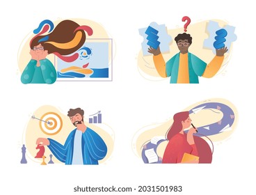 Set of male and female characters with different mental mindset models on white background. Concept of creative, imaginative, logical and structural thinking. Flat cartoon vector illustration