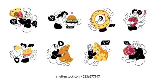 Set of Male and Female Characters with Different Food and Snacks. Men and women hold croissant, cheese, burger, pizza and strawberries. Cartoon flat vector collection isolated on white background