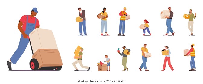 Set of Male and Female Characters with Different Boxes. Loader with Manual Trolley Loading Cargo, Fired Employee with Belongings, Child with Toys, and Volunteer. Cartoon People Vector Illustration