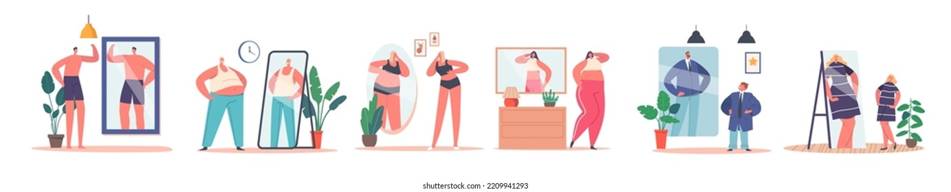 Set Male and Female Characters with Distorted Inadequate Perception. Skinny and Fat Men or Women Look At Mirror And Dreaming To Be Strong or Slim, High Self-esteem. Cartoon People Vector Illustration