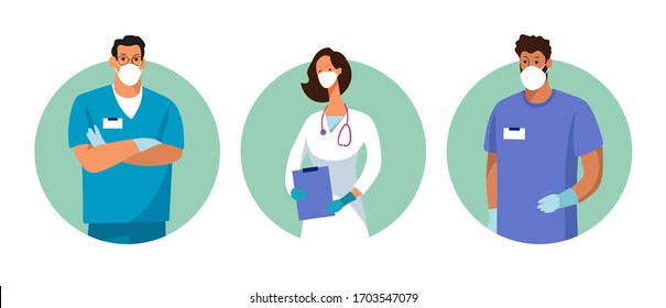 Set of male and female characters of doctors. Surgeons, doctors, nurses. Conceptual illustration, hospital medical team, poster. Vector template for design